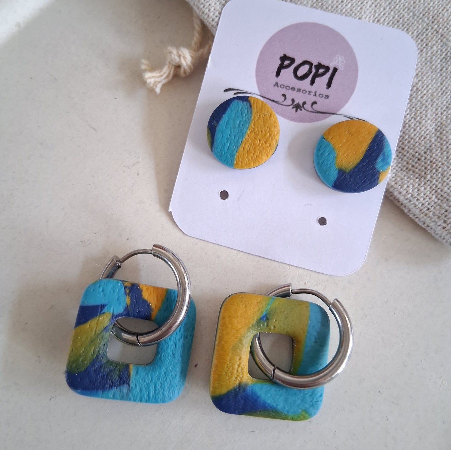 CL025 | Pack aros y caravanas Pachi - Marmolado azul, turquesa y mostaza
