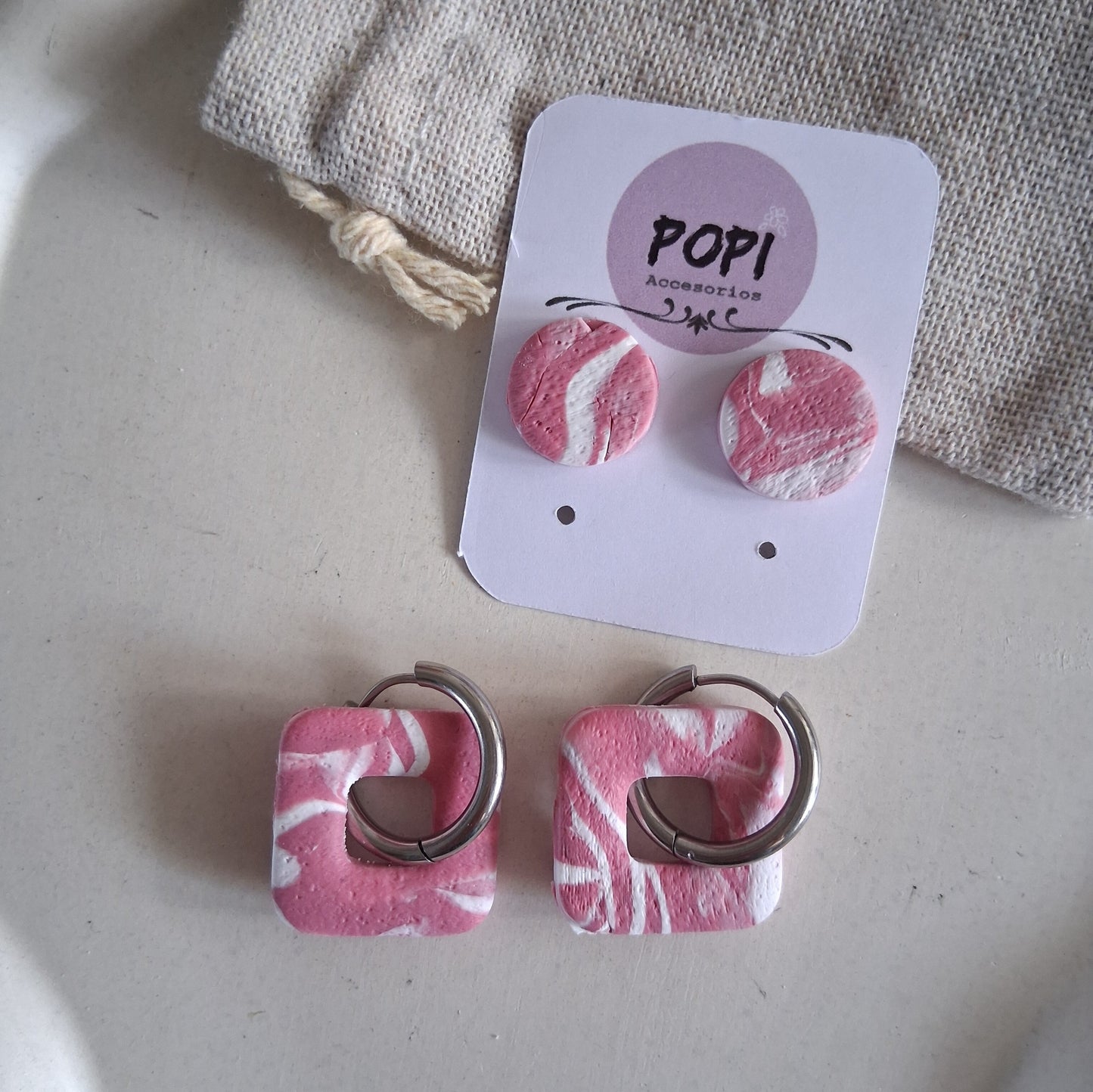 CL027 | Pack aros y caravanas Pinky - Marmolado rosa y blanco
