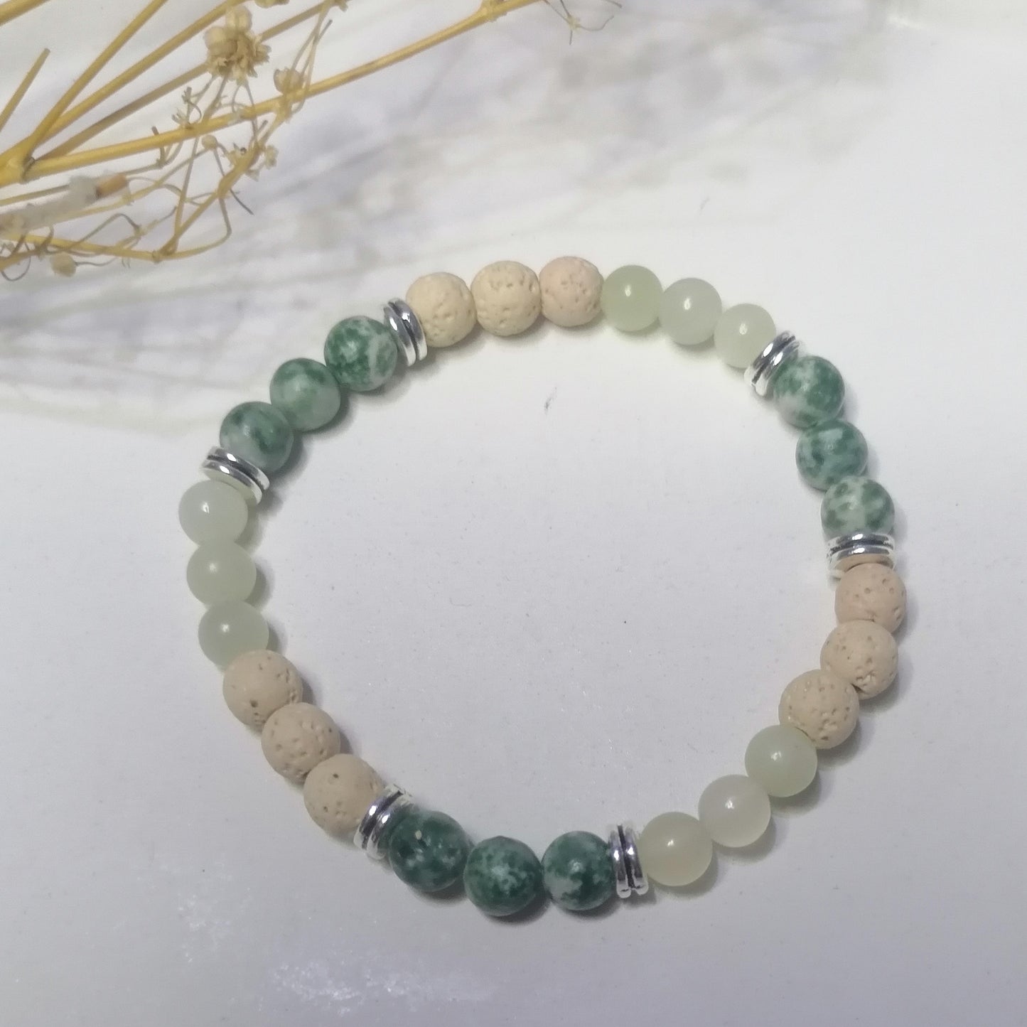 ST025 | Pulsera perlas piedras naturales Jade / Ágata musgosa mate / Lava clara