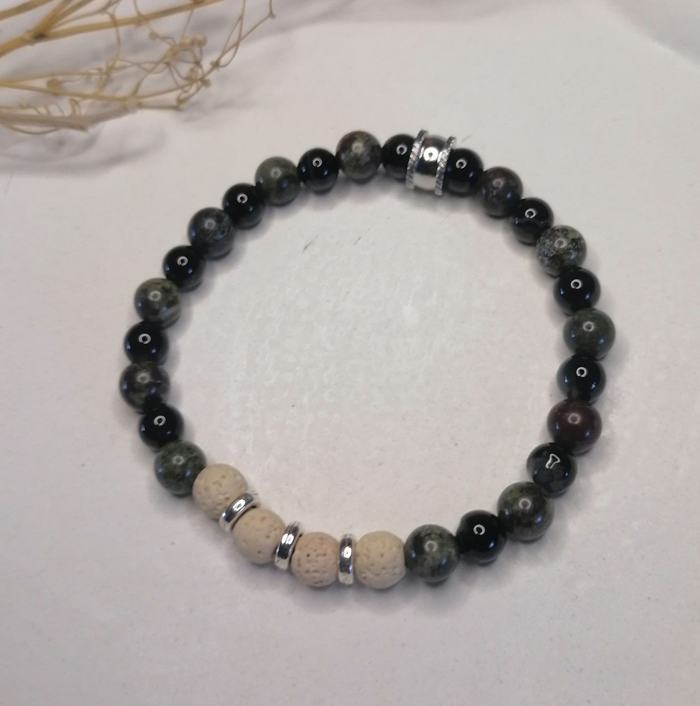 ST032 | Pulsera perlas piedras naturales Serpentina / Ágata negra / Lava volcánica