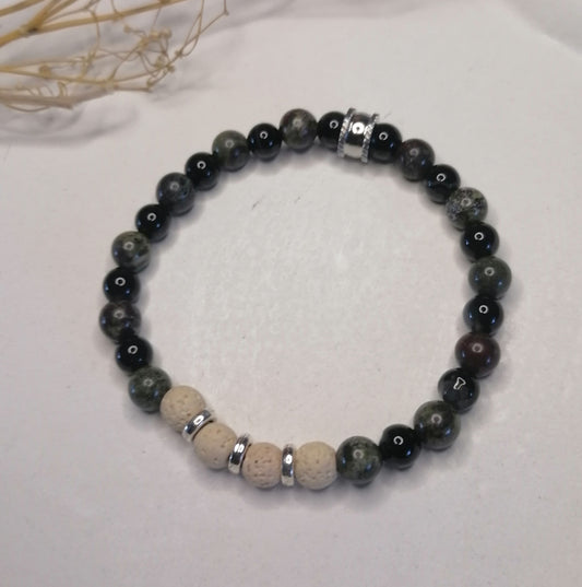 ST032 | Pulsera perlas piedras naturales Serpentina / Ágata negra / Lava volcánica