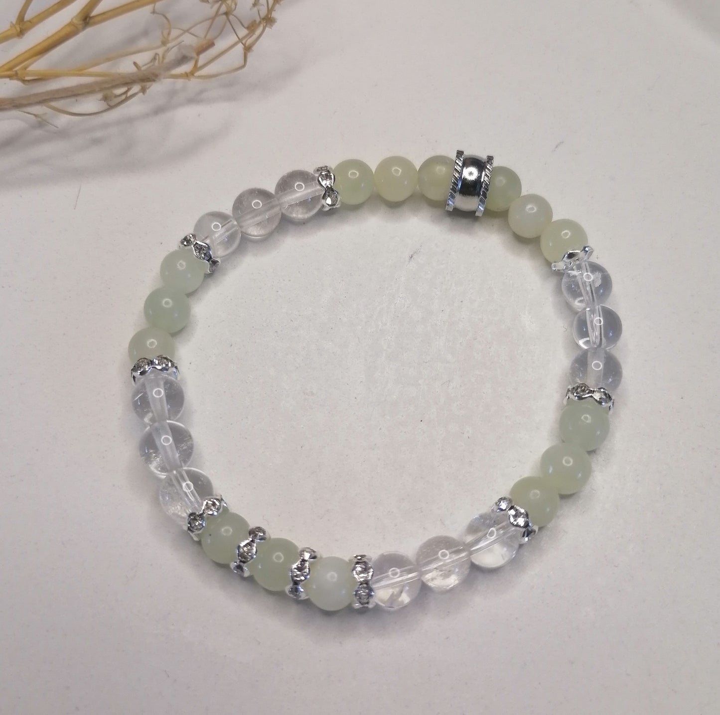 ST029 | Pulsera perlas piedras naturales Jade / Cuarzo cristal