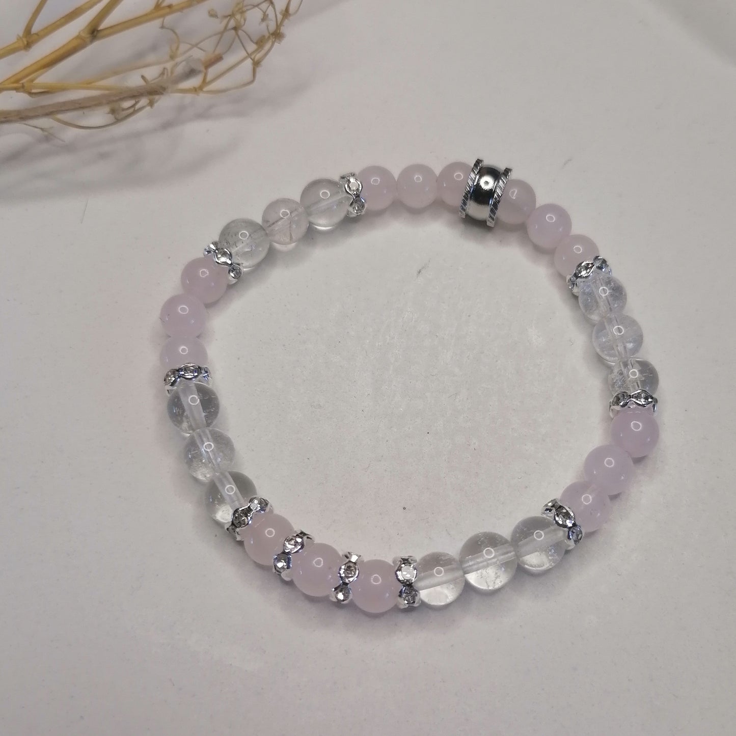 ST027 | Pulsera perlas piedras naturales Cuarzo rosa / Cuarzo cristal