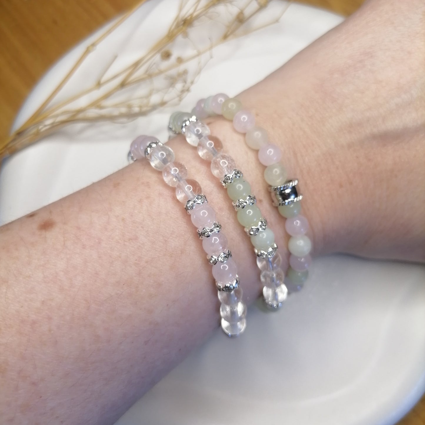 ST029 | Pulsera perlas piedras naturales Jade / Cuarzo cristal