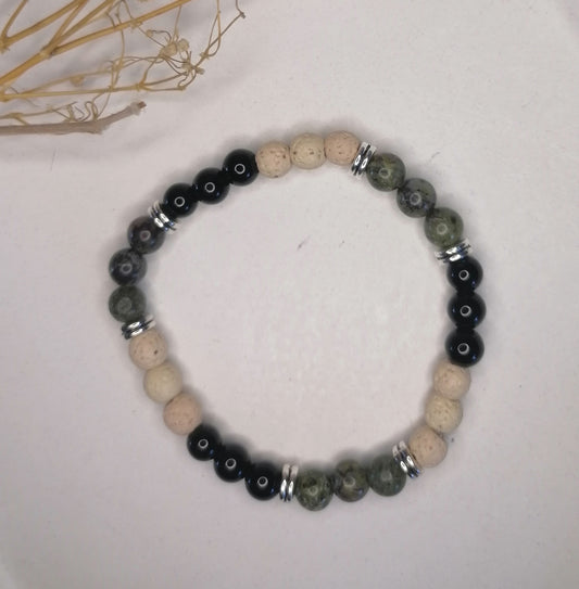 ST031 | Pulsera perlas piedras naturales Serpentina / Obsidiana negra / Lava volcánica