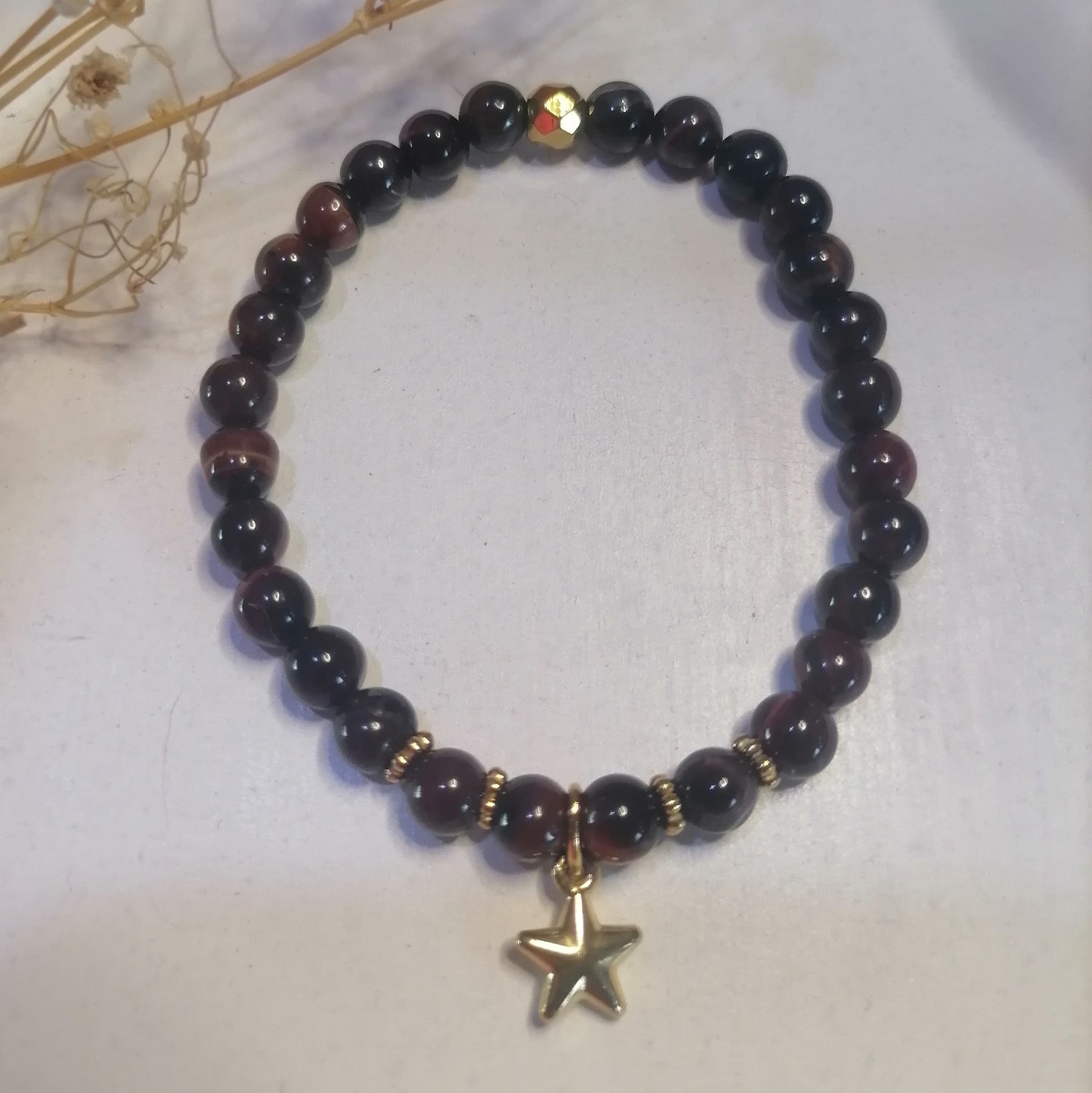 ST035 | Pulsera perlas piedras naturales con dije estrella Ojo de Buey