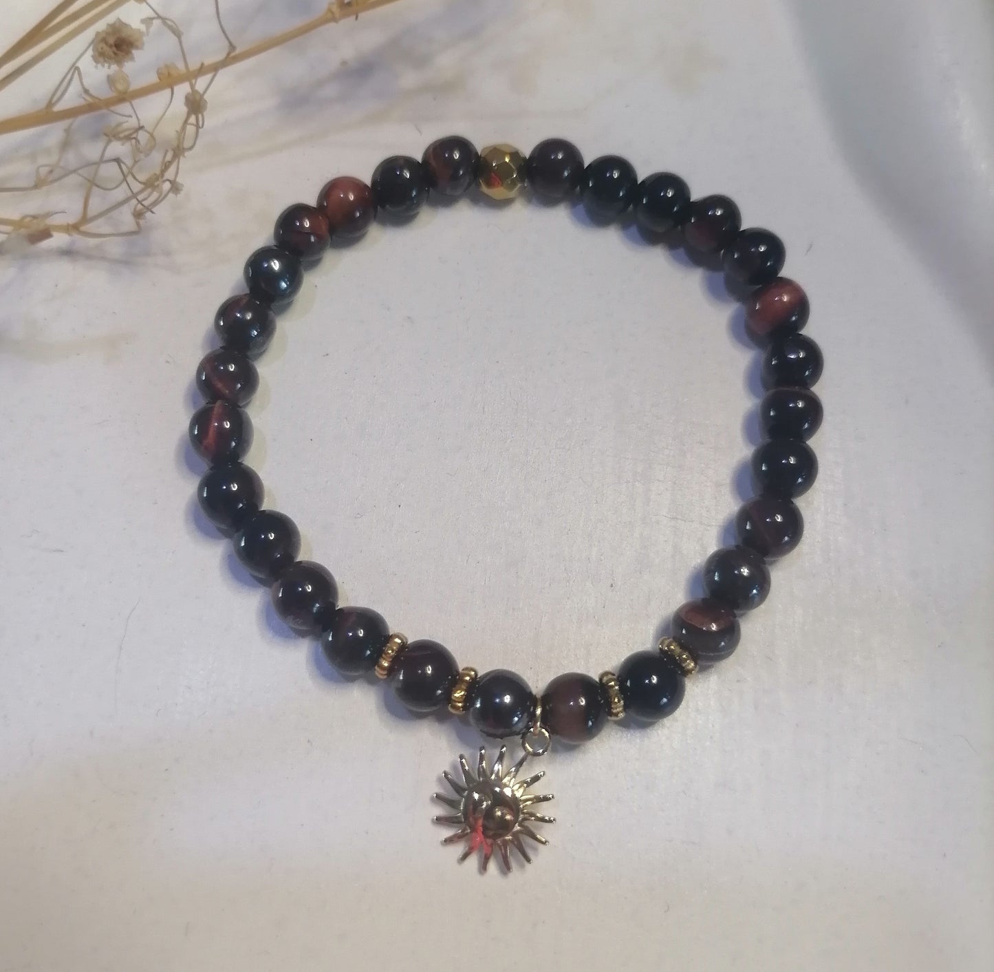 ST036 | Pulsera perlas piedras naturales con dije sol Ojo de Buey