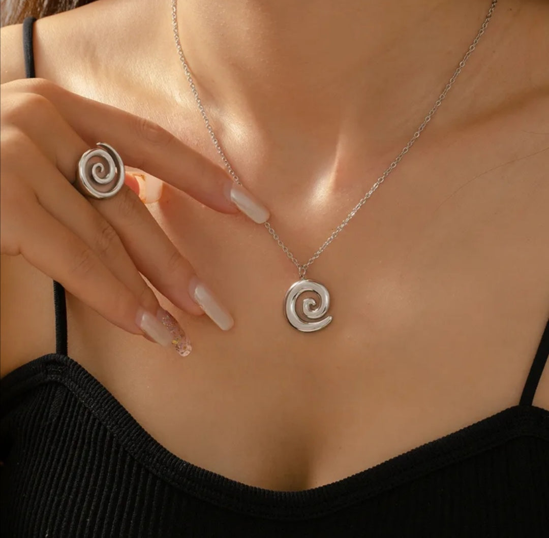 JQ002 | Conjunto de collar y anillo abierto espiral en acero inoxidable