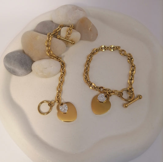 PD010 | Pulsera acero dorado doble corazón