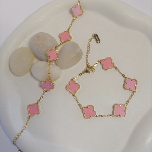 PD016 | Pulsera acero dorado tréboles de cuatro hojas esmaltado rosado