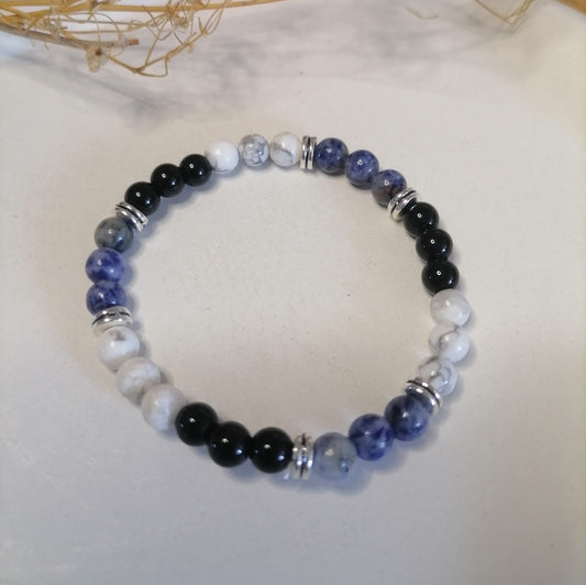 ST006 | Pulsera perlas piedras naturales Howlita / Obsidiana negra / Sodalita