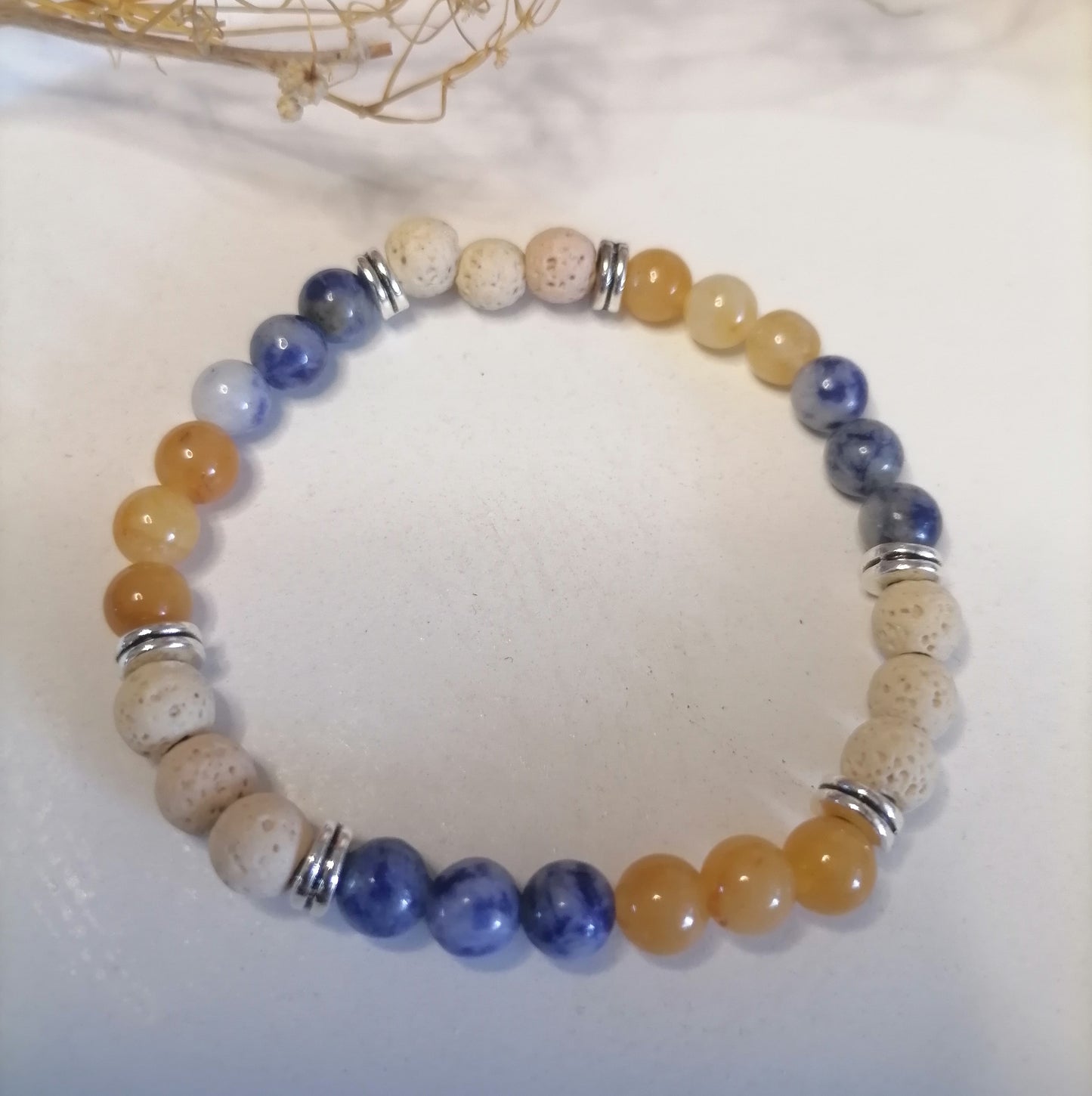 ST007 | Pulsera perlas piedras naturales Jade amarillo / Cornalina / Sodalita / Lava clara