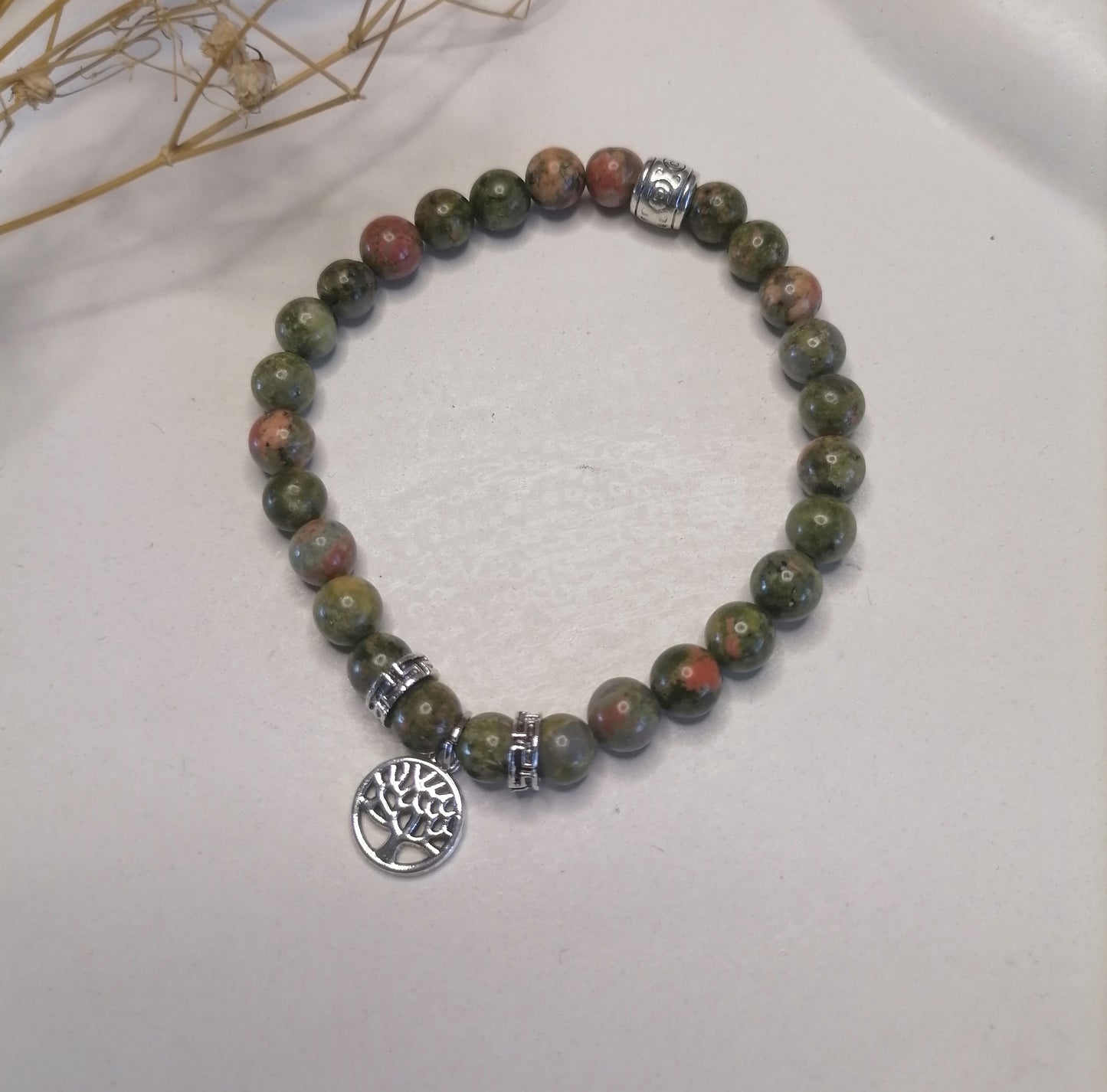 ST009 | Pulsera perlas piedras naturales con dije árbol de la vida