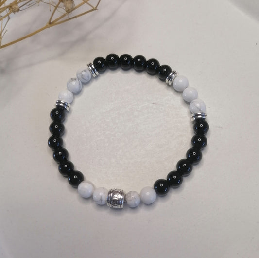 ST013 | Pulsera perlas piedras naturales bicolor Howlita - Obsidiana negra
