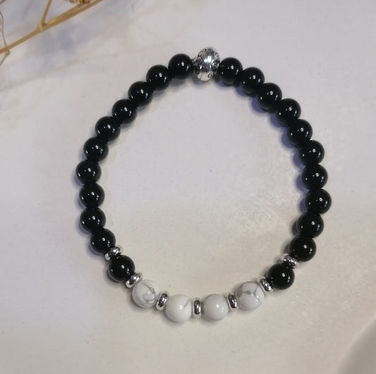 ST021 | Pulsera perlas piedras naturales Obsidiana negra - Howlita