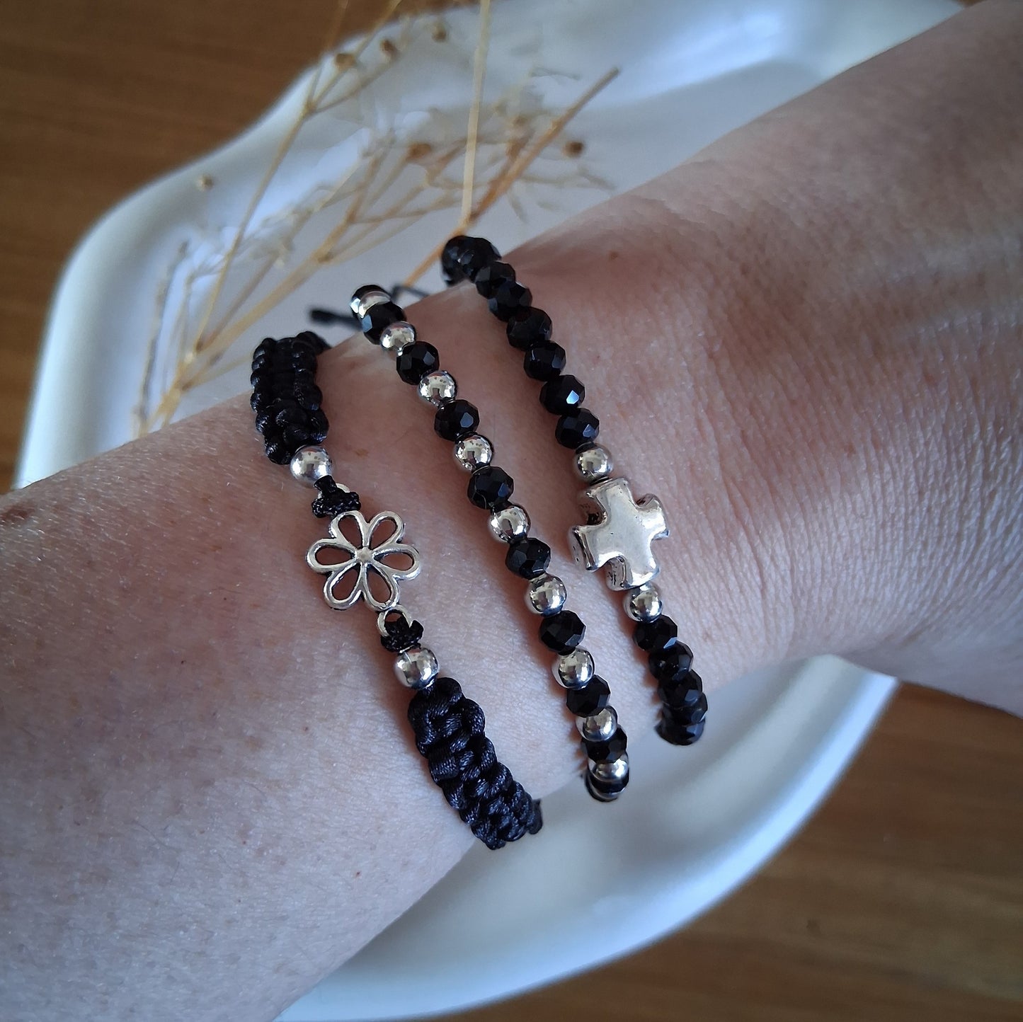 PT055 | Trío de pulseras ajustables macramé y cristales