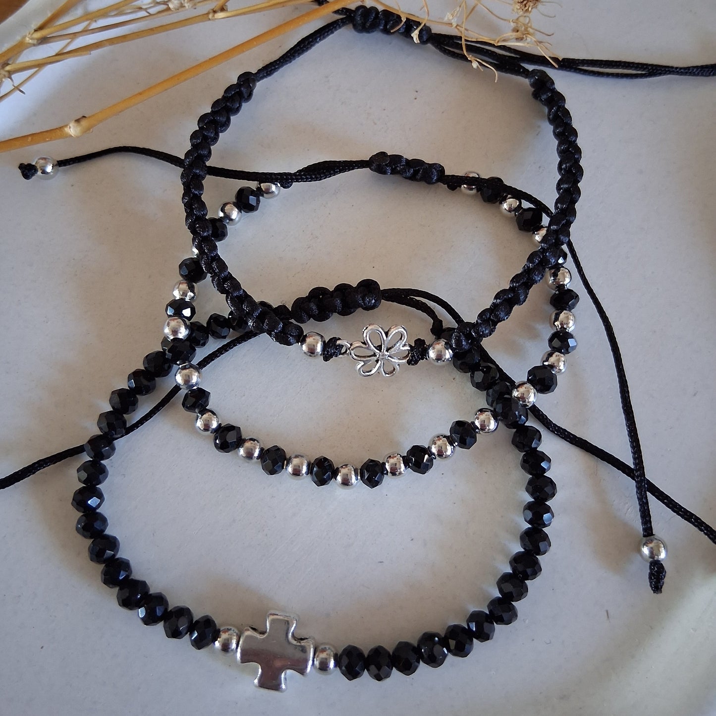 PT055 | Trío de pulseras ajustables macramé y cristales