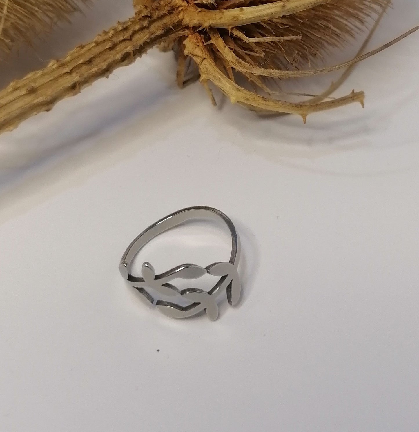 RQ012 | Anillo en acero inoxidable hojitas dobles